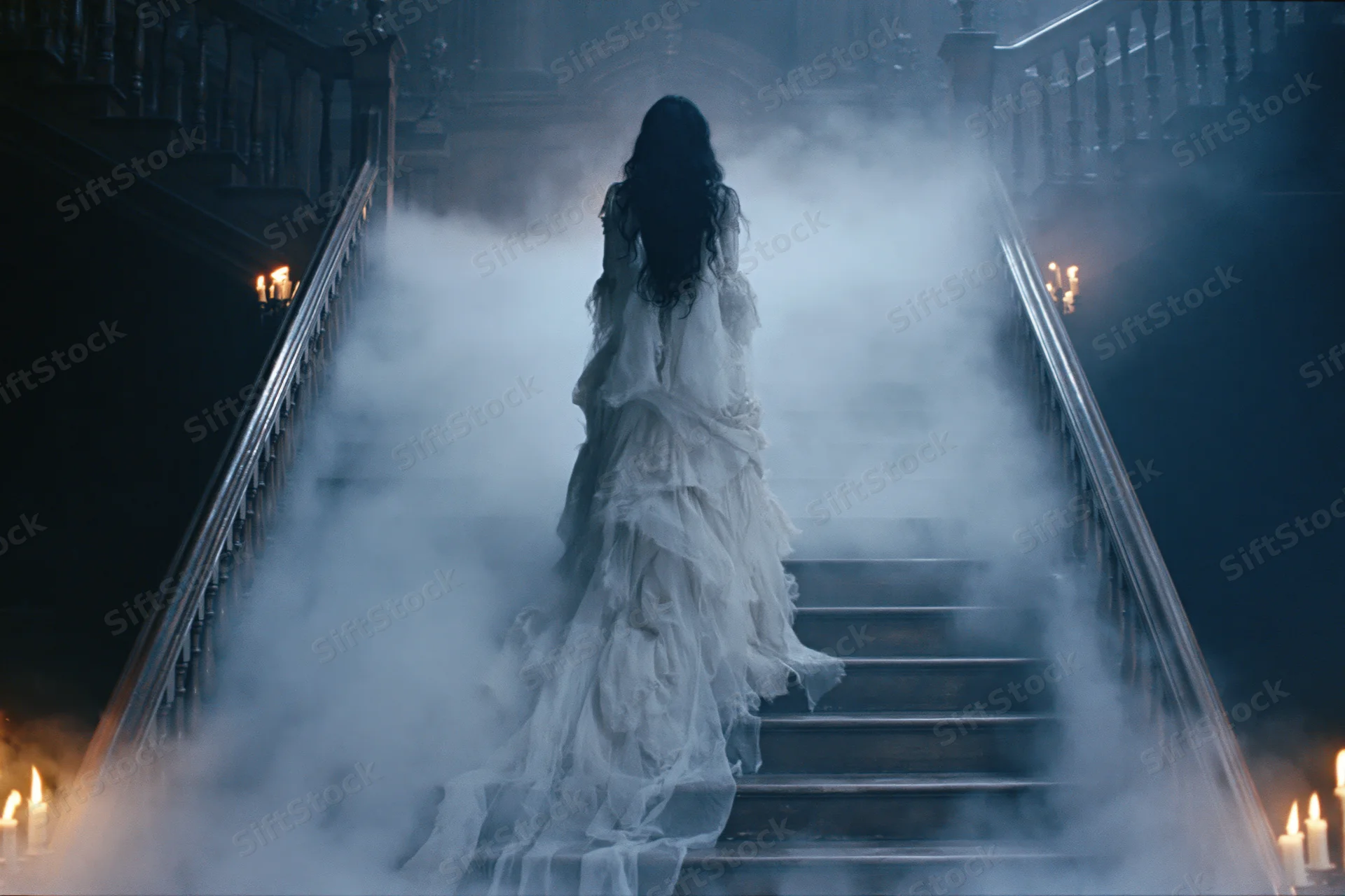 Woman in tattered white victorian gown ascending foggy staircase in dark mansion interior