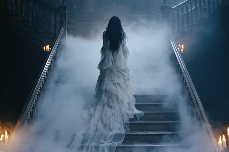 Woman in tattered white victorian gown ascending foggy staircase in dark mansion interior