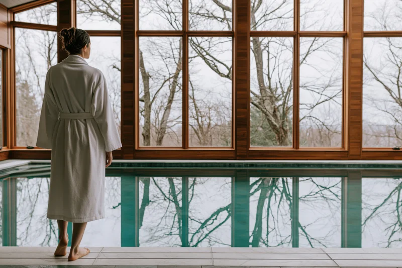 Woman in white bathrobe standing barefoot beside indoor pool looking out at snowy trees through large windows