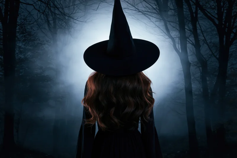 Woman in witch costume seen from behind in foggy forest at night