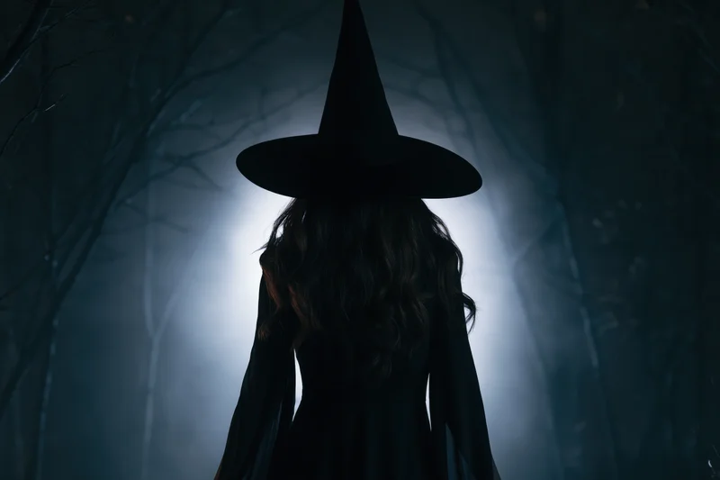 Witch in pointed hat seen from behind in foggy forest at night