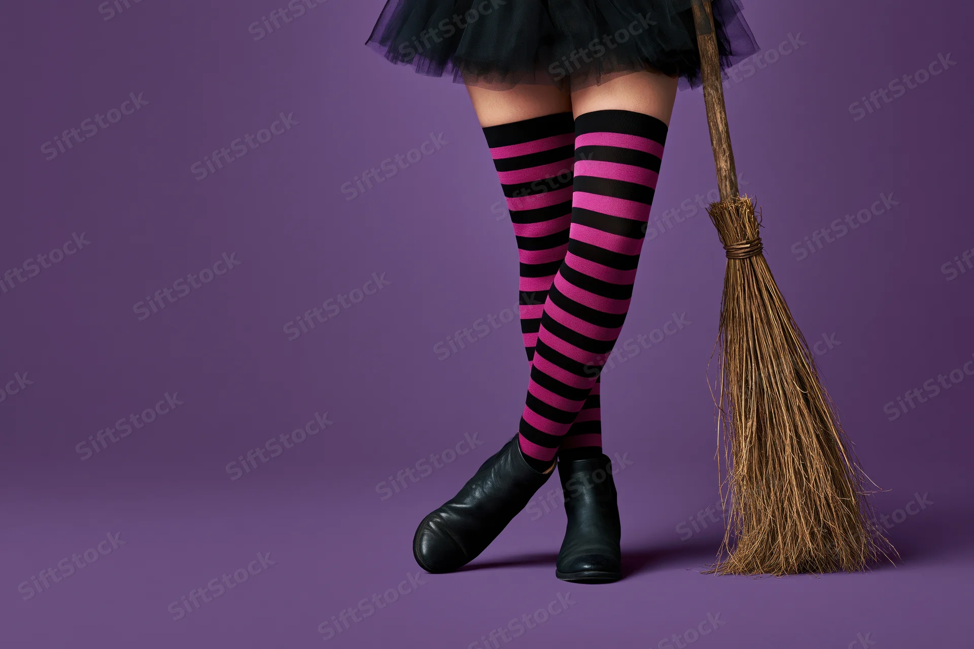 Woman's legs in black and pink striped socks and black boots, wearing a tulle skirt, standing beside a broomstick against a purple background