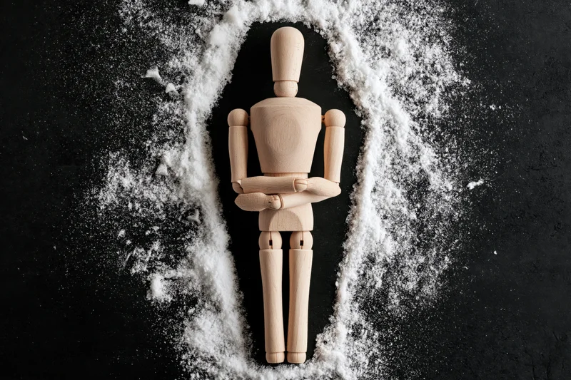 Wooden artist mannequin lying upright inside a coffin-shaped outline of white powder on black surface