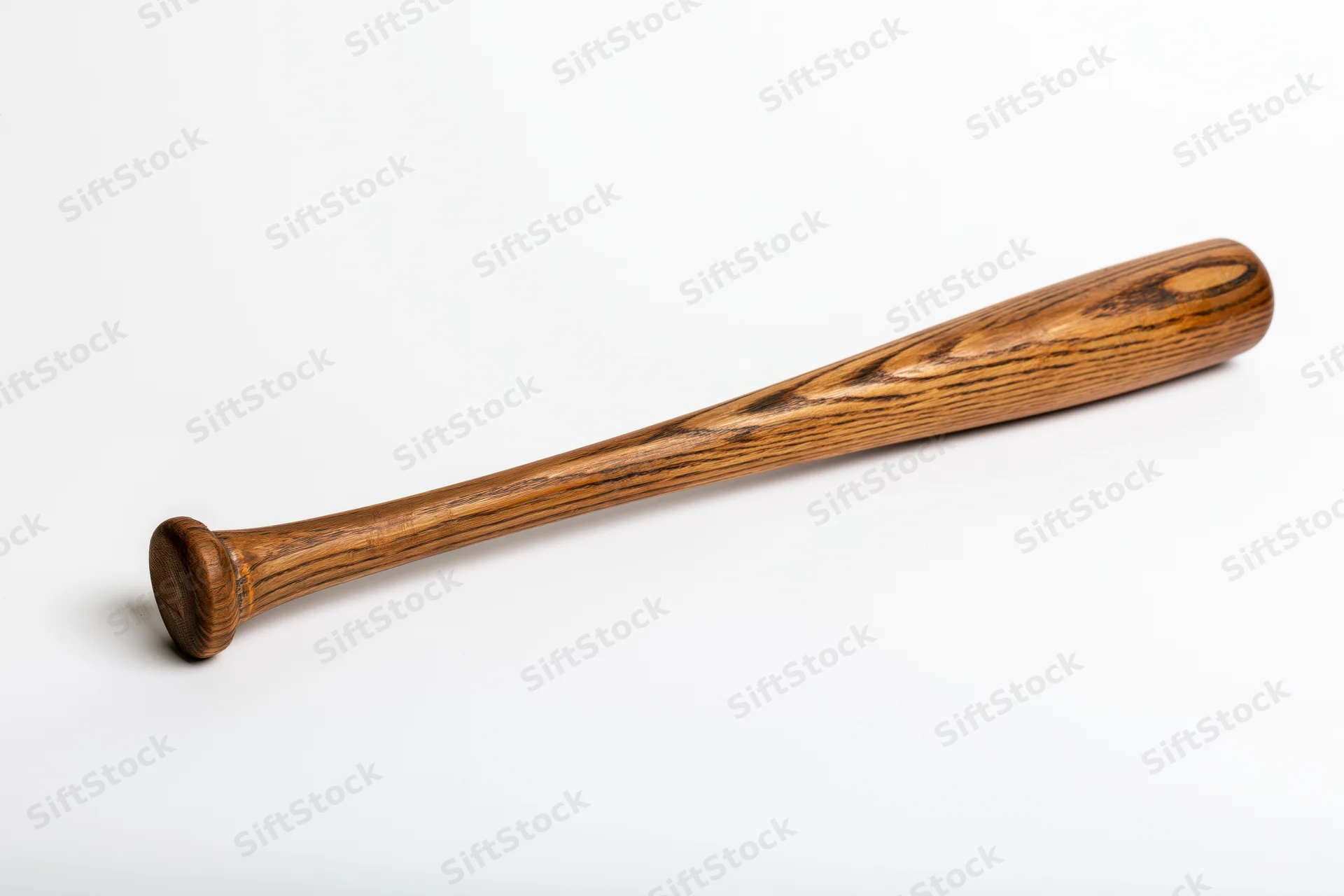 Wooden baseball bat lying diagonally on a white background