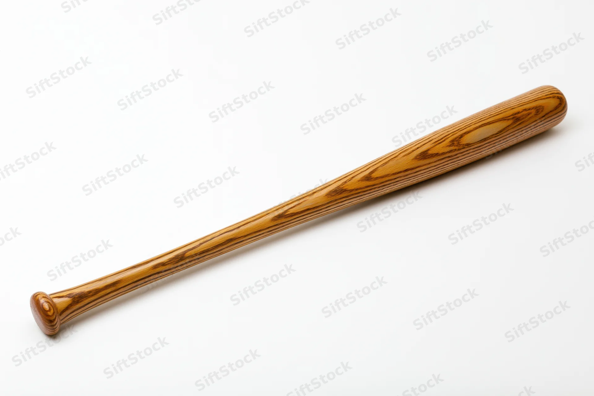 Wooden baseball bat lying diagonally on white background