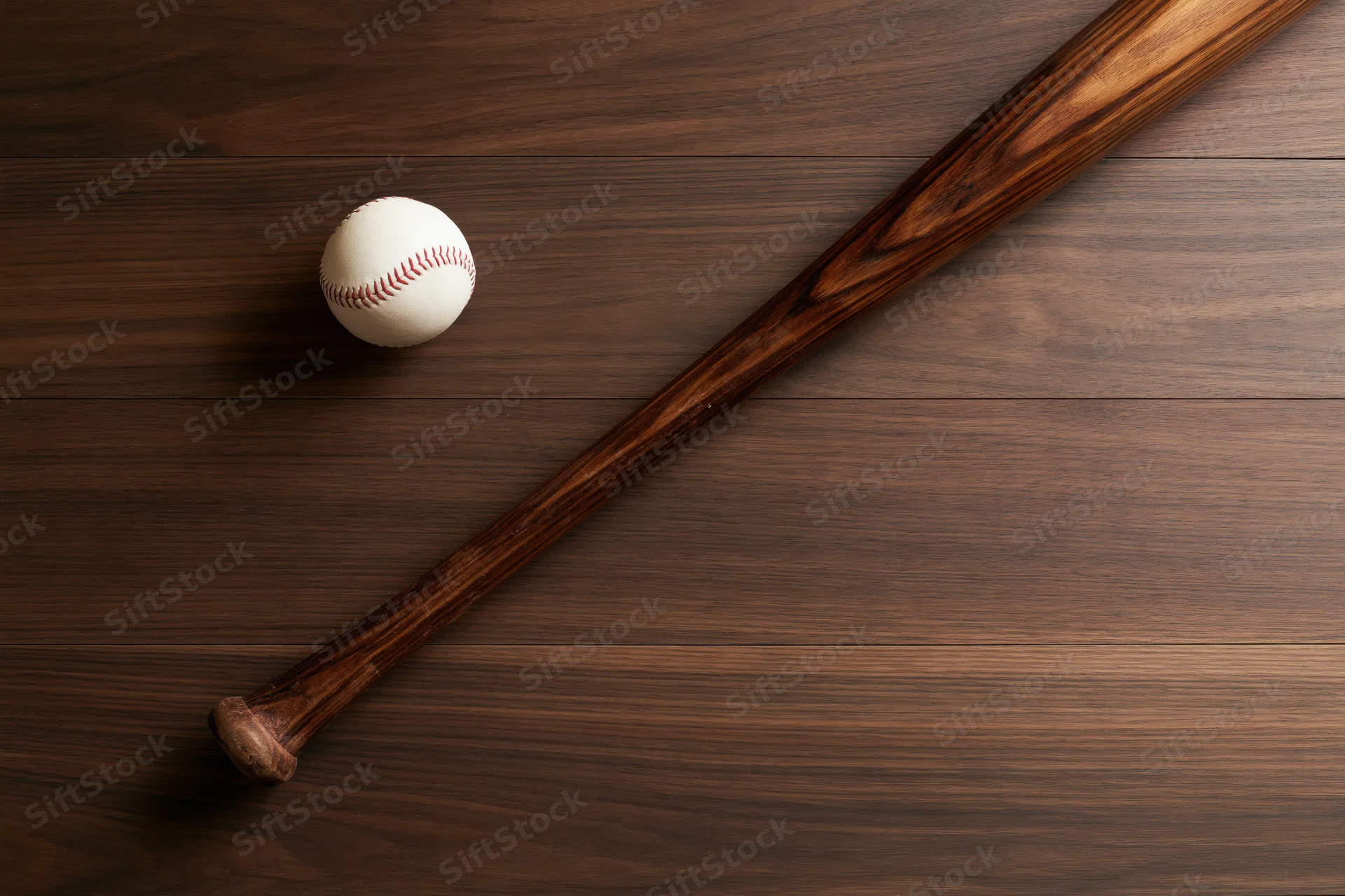 Wooden baseball bat and white leather ball resting on dark wood floor