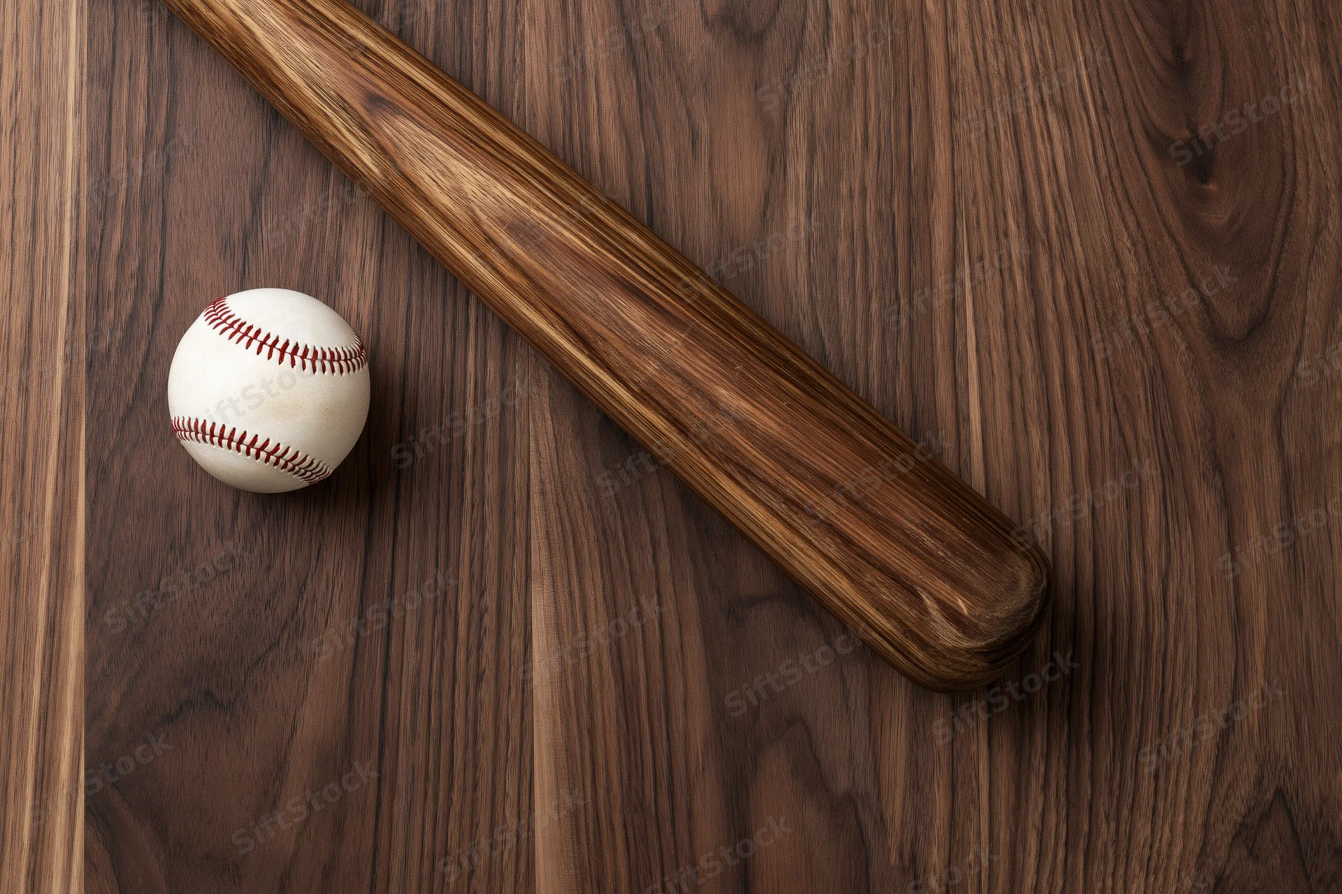 Wooden baseball bat and white leather ball resting on dark wood surface