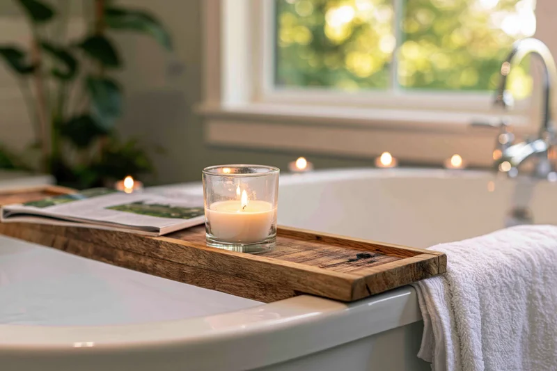 Wooden tray with lit candle and magazine resting across bathtub rim near window