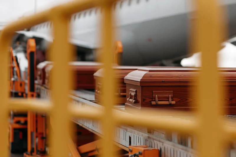 Wooden coffins loaded onto a cargo aircraft via industrial racks in a warehouse