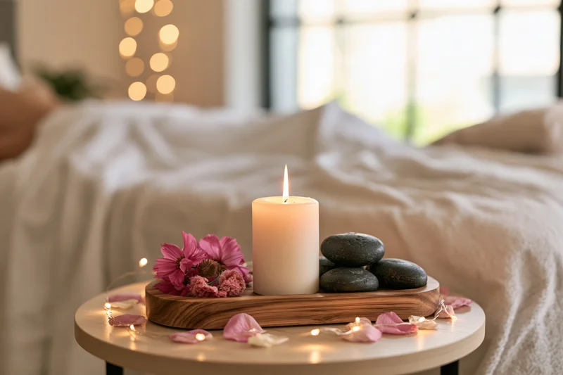 Lit candle and pink flowers on wooden tray beside bed with string lights and stones