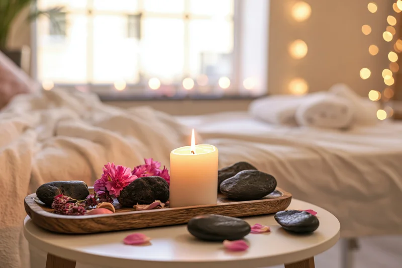 Wooden tray with lit candle, pink flowers and smooth stones on a table beside a bed in a softly lit spa room