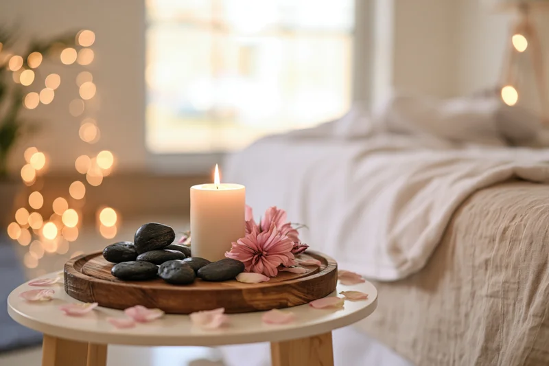 Wooden tray with lit candle, smooth stones and pink flowers on a side table in a bedroom