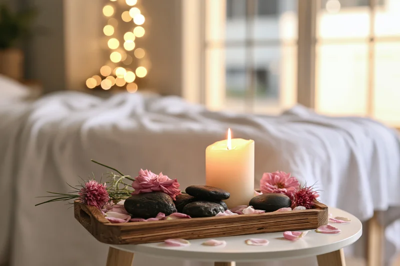 Wooden tray with lit candle and pink flowers on a side table in a bedroom