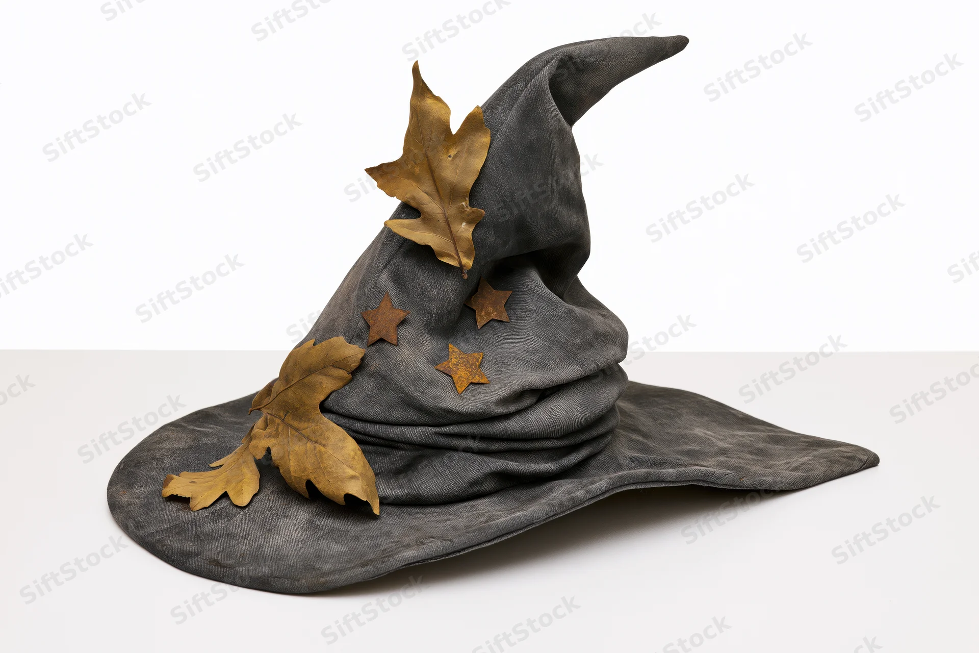 Dark grey witch hat with crooked brim and autumn leaves on white surface