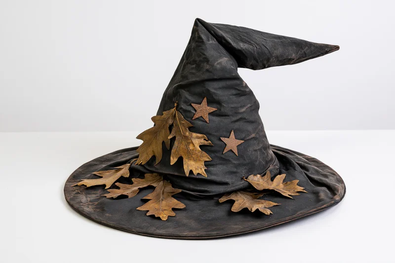 Dark grey witch hat with crooked brim adorned with dried oak leaves and stars on white surface