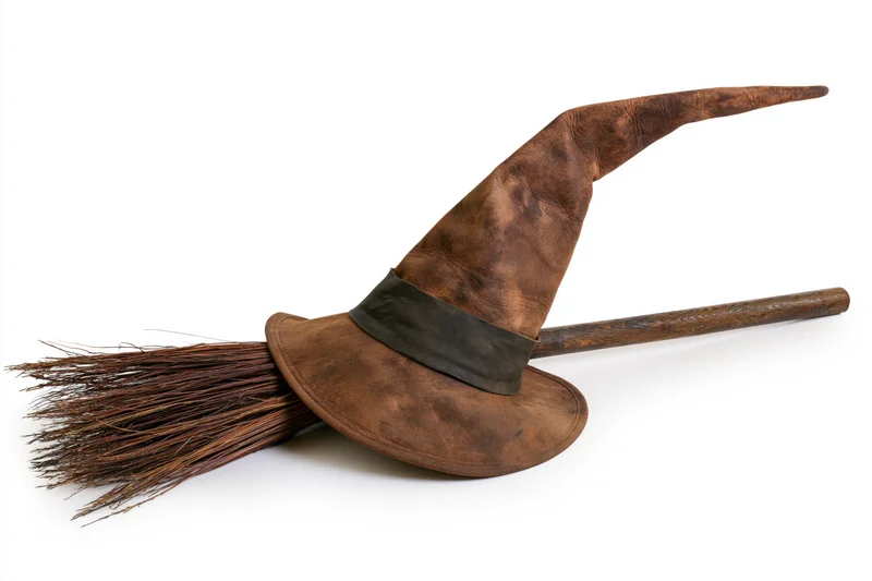 Worn leather witch hat with crooked point resting on a wooden broomstick against white background