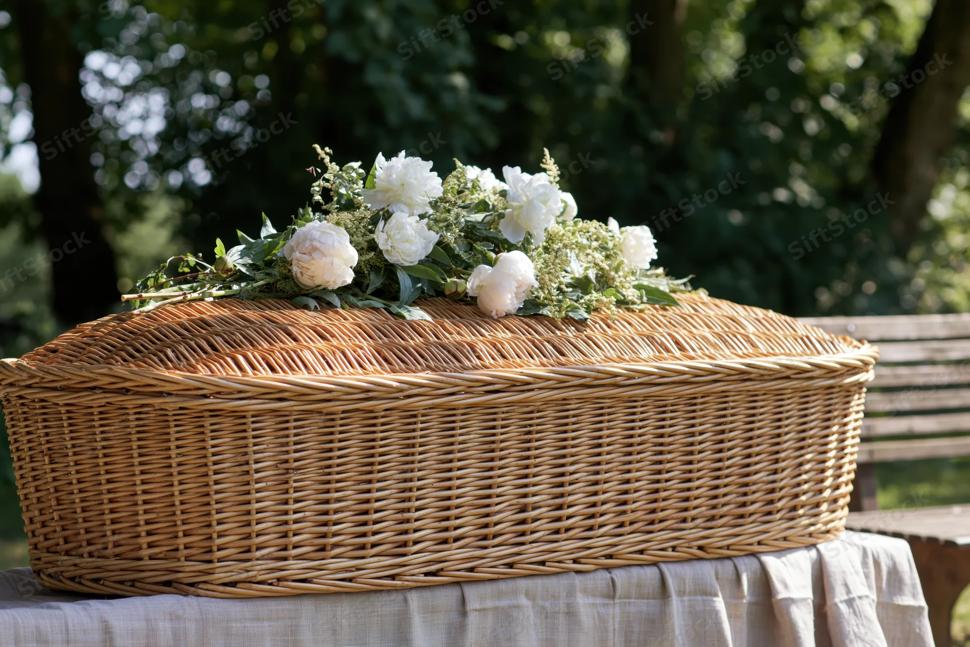 Woven wicker coffin adorned with white peonies and greenery on draped table outdoors