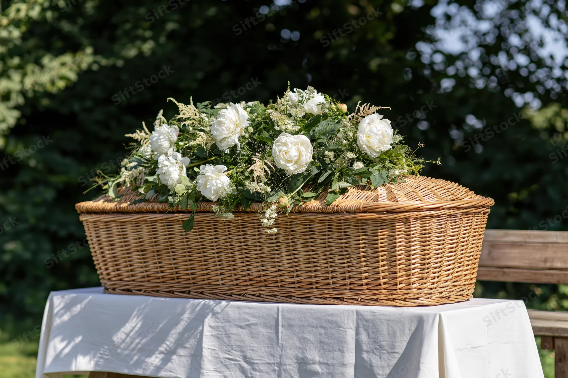 Wicker coffin adorned with white roses and greenery resting on a draped table outdoors