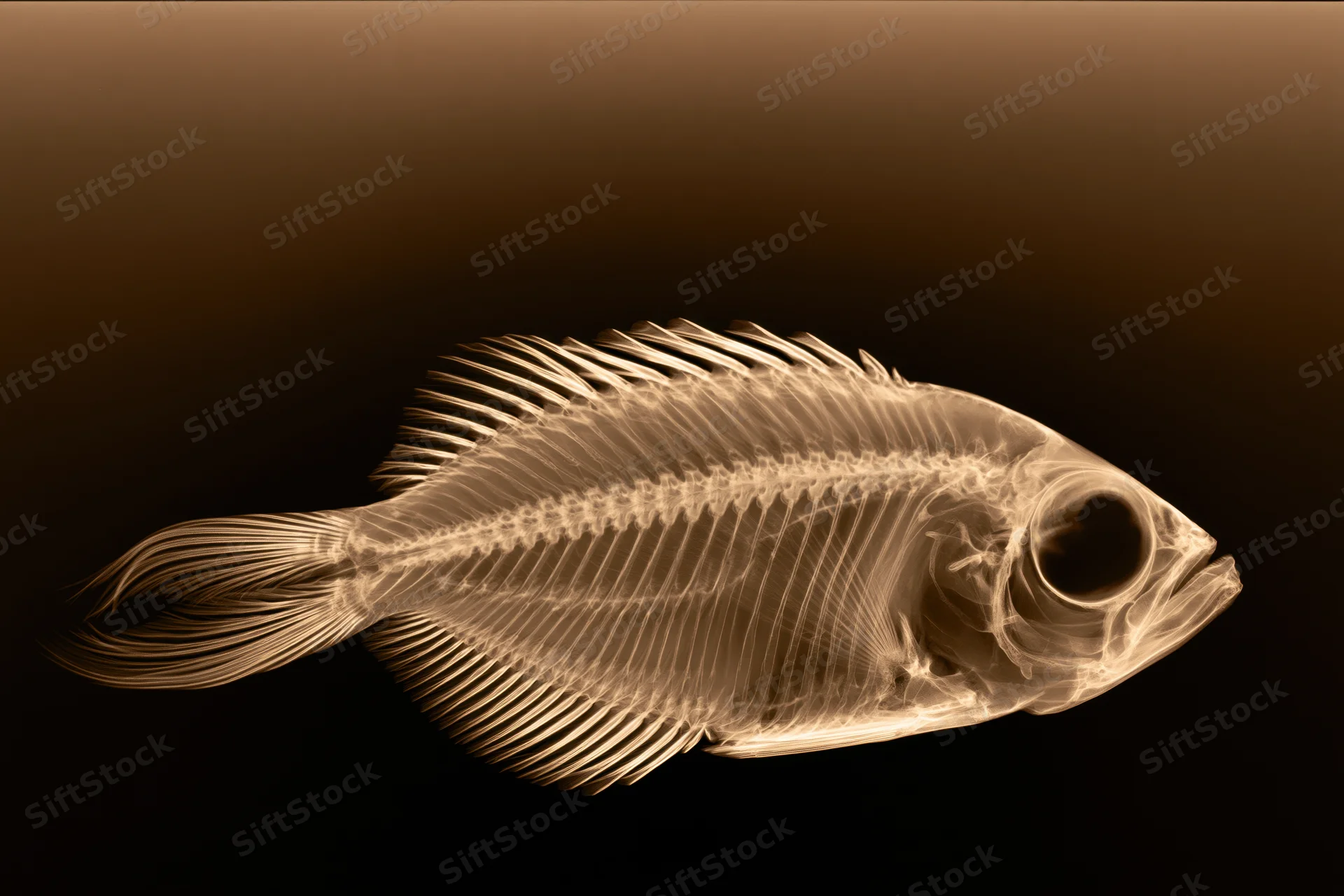 X-ray image of a small fish in full lateral profile showing its skeleton against a dark background