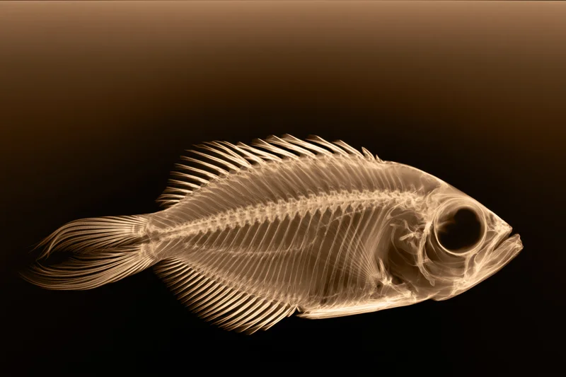 X-ray image of a small fish in full lateral profile showing its skeleton against a dark background