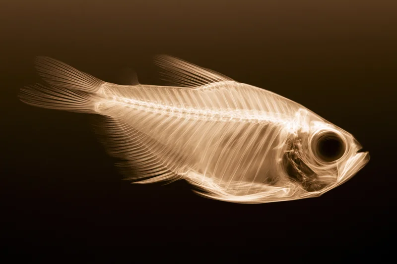 X-ray image of a small fish in full lateral profile showing its skeleton and internal anatomy against a dark background