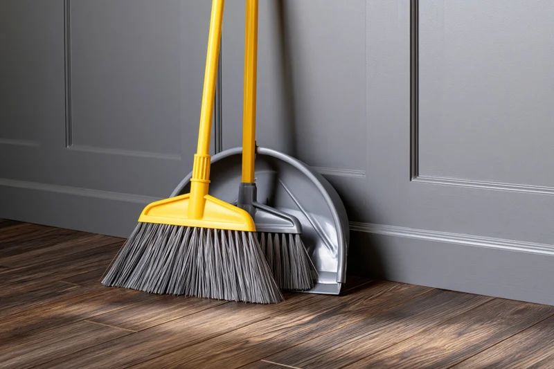 Yellow-handled broom and grey plastic dustpan leaning against grey panelled wall on wooden floor