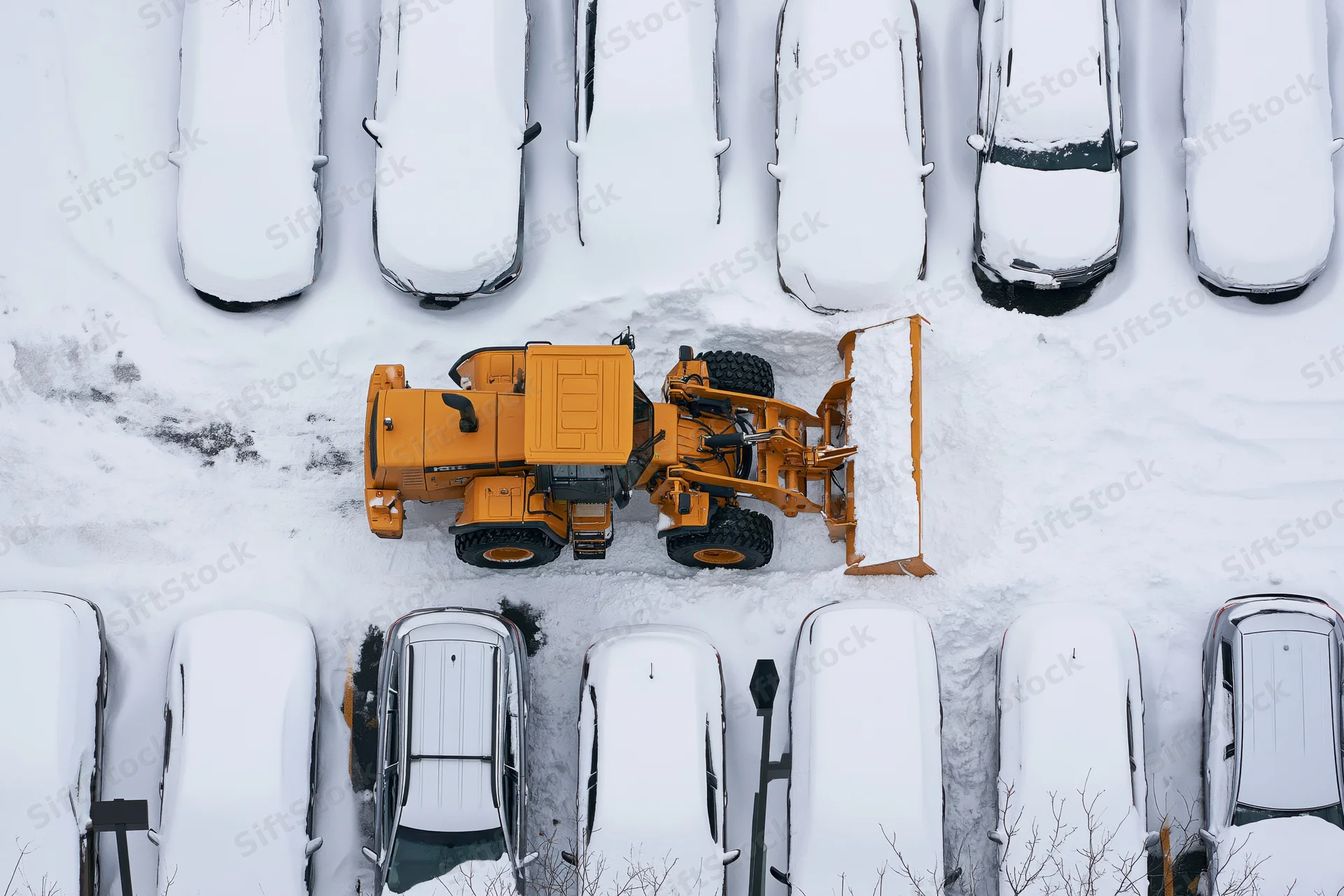 Yellow tractor clearing snow in a parking lot surrounded by snow-covered cars