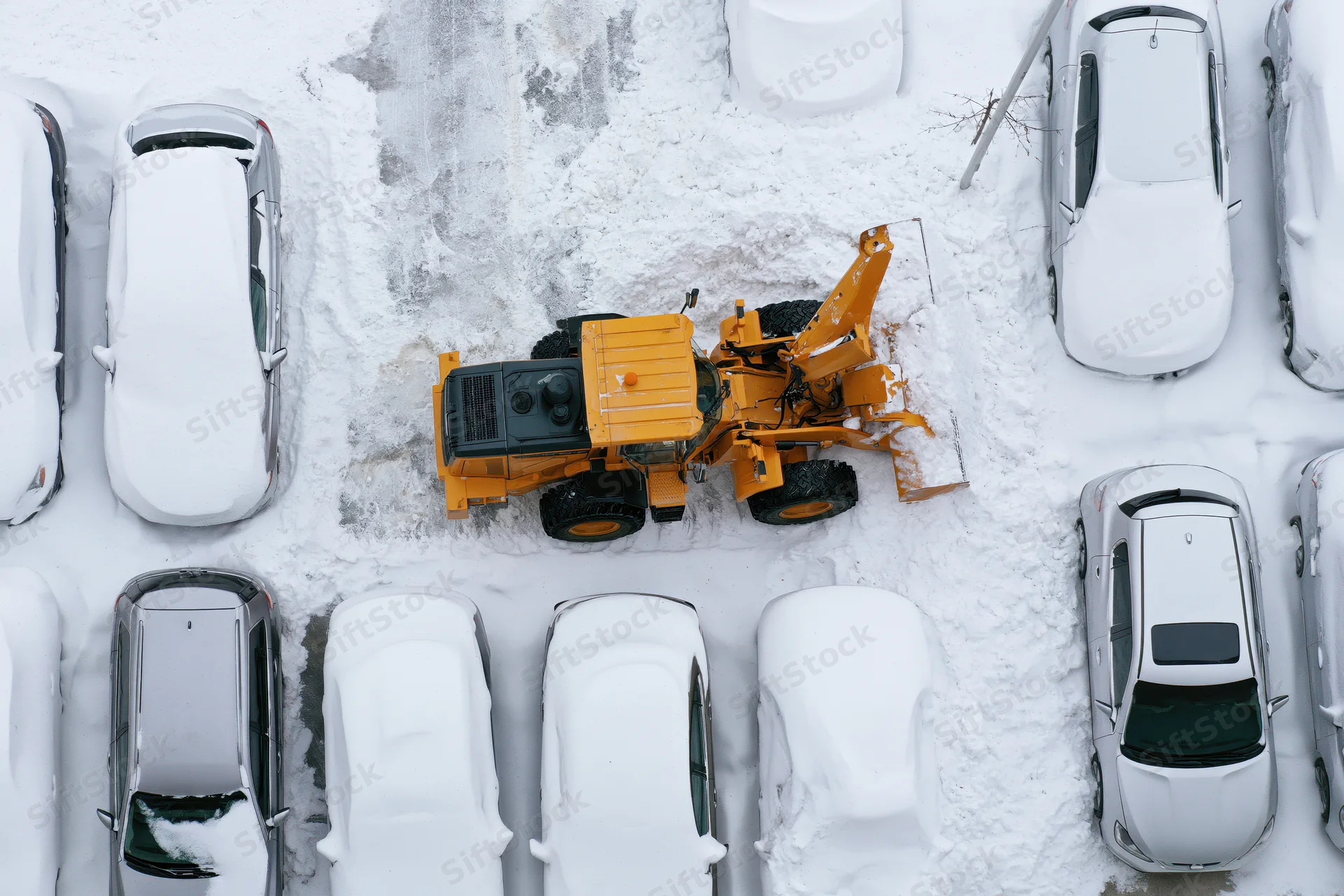 Yellow snowplow tractor clearing snow in a parking lot surrounded by snow-covered cars