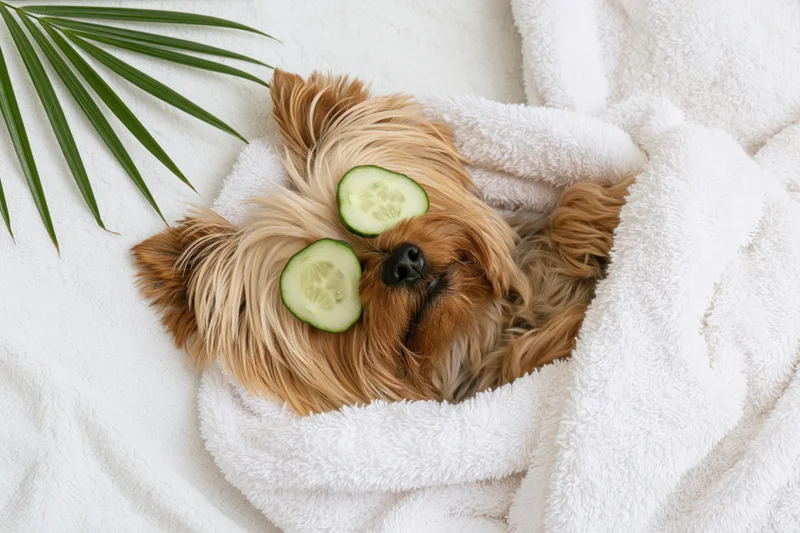 Yorkshireterrier lying on white fluffy towel with cucumber slices over eyes