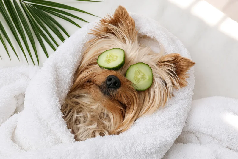 Yorkshireterrier wrapped in white towel with cucumber slices on eyes