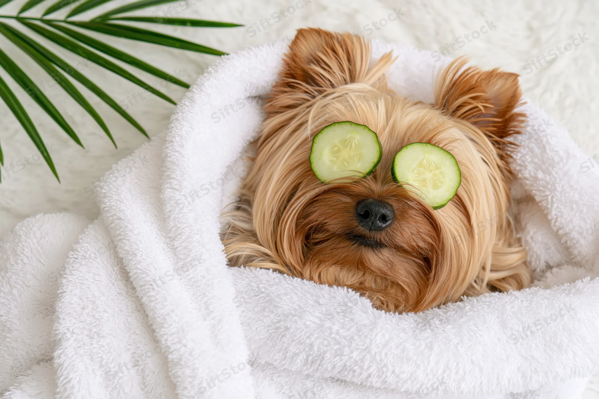 Yorkshireterrier wrapped in white towel with cucumber slices on eyes, resting on fluffy surface near green palm leaf