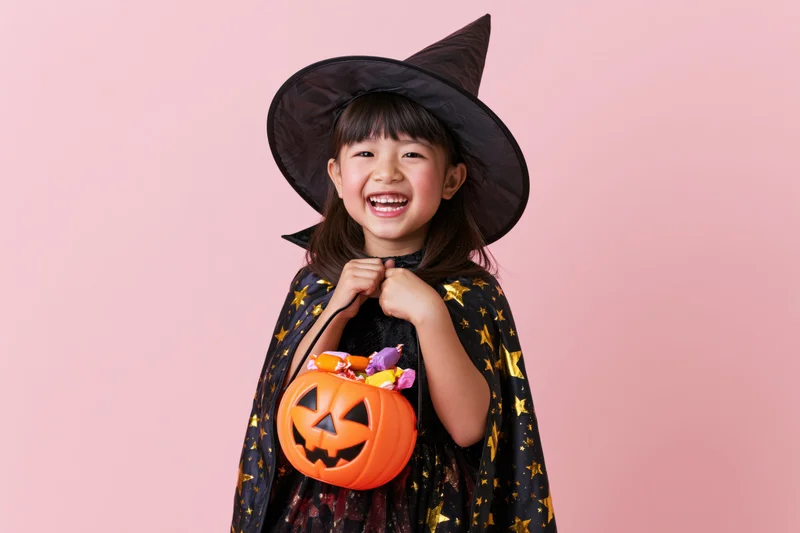 Young asian girl in witch costume smiling while holding a pumpkin candy bucket against pink background