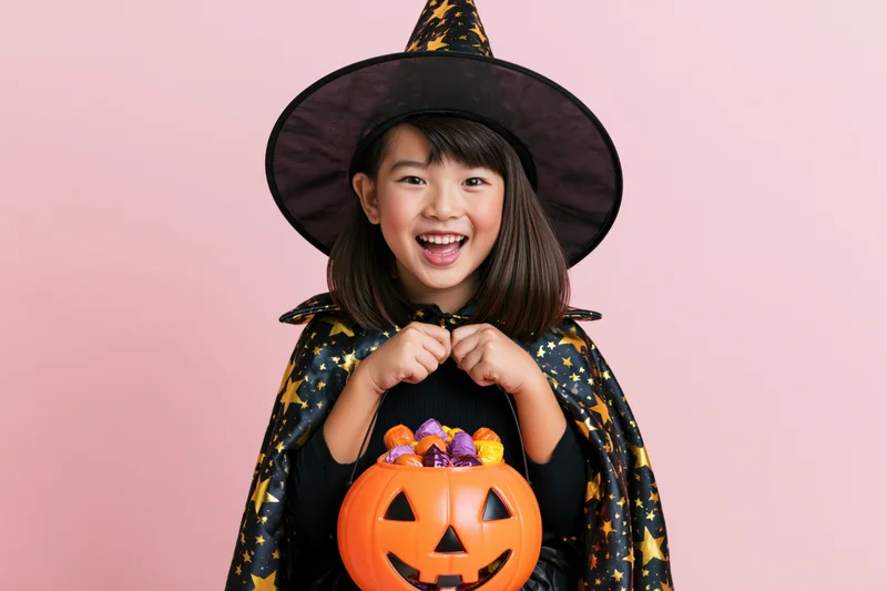 Young asian girl in witch costume holding candy bucket smiling against pink background