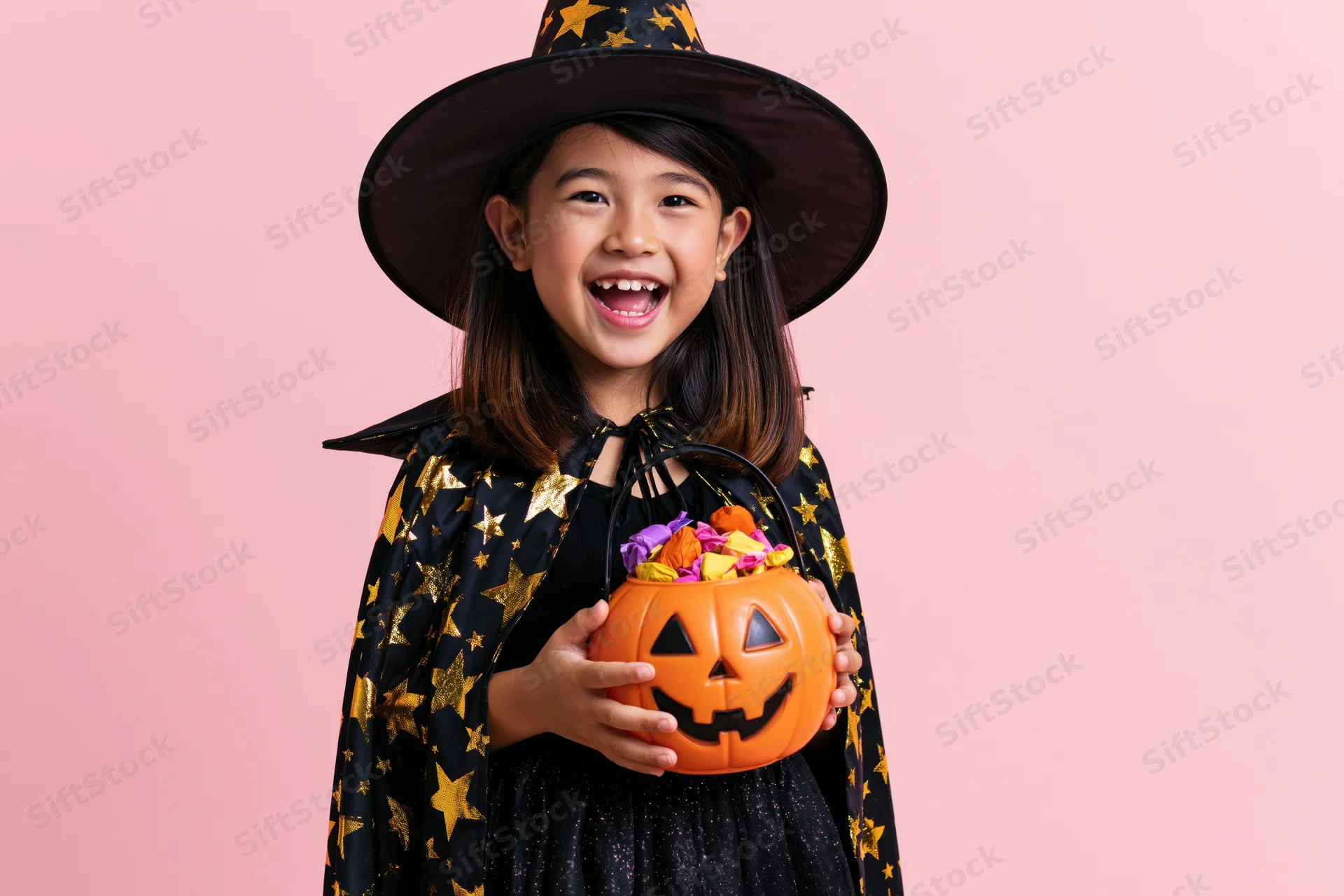 Young asian girl in witch costume holding pumpkin candy bucket smiling against pink background