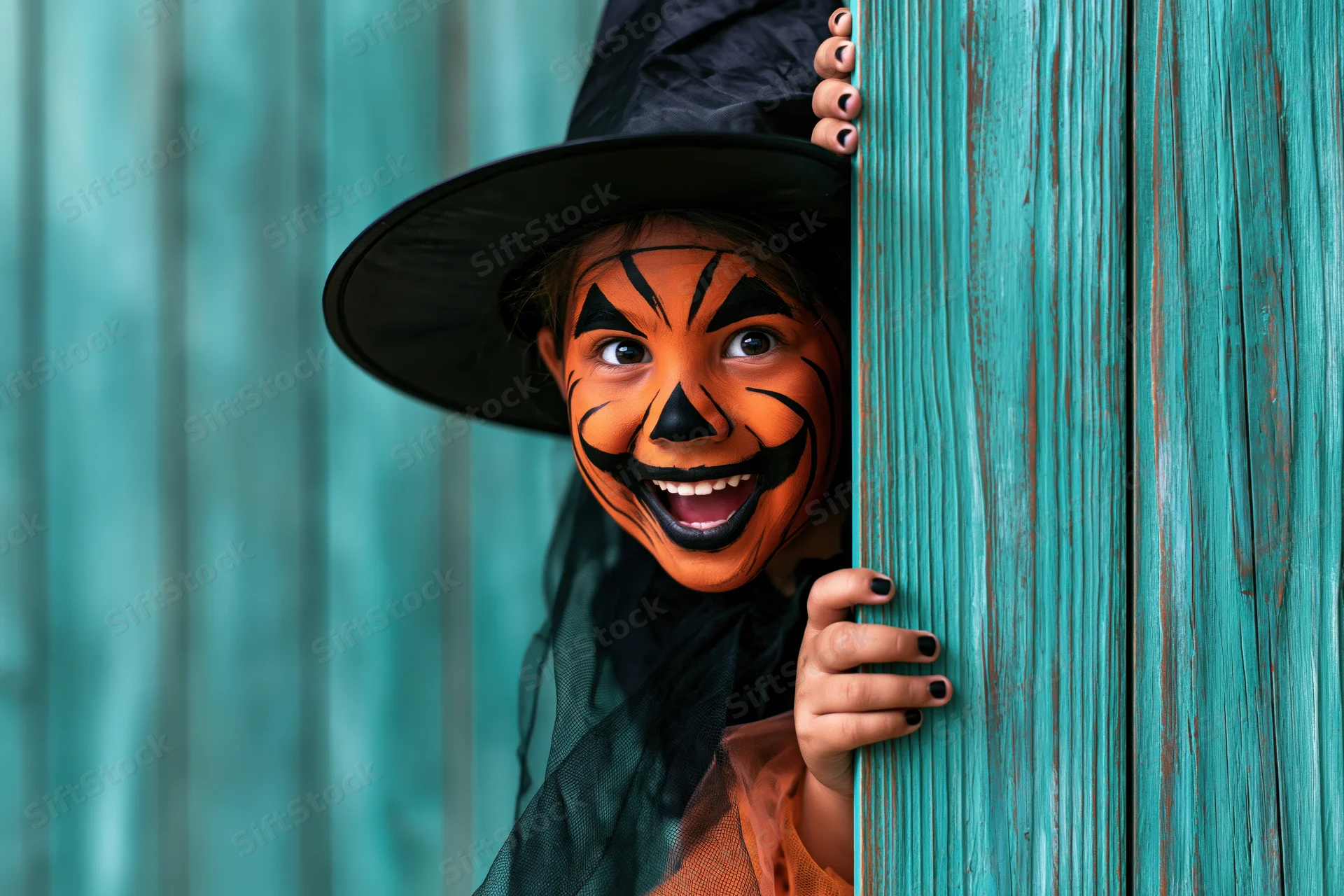 Child in witch costume peeking from behind teal wooden door with face painted orange and black