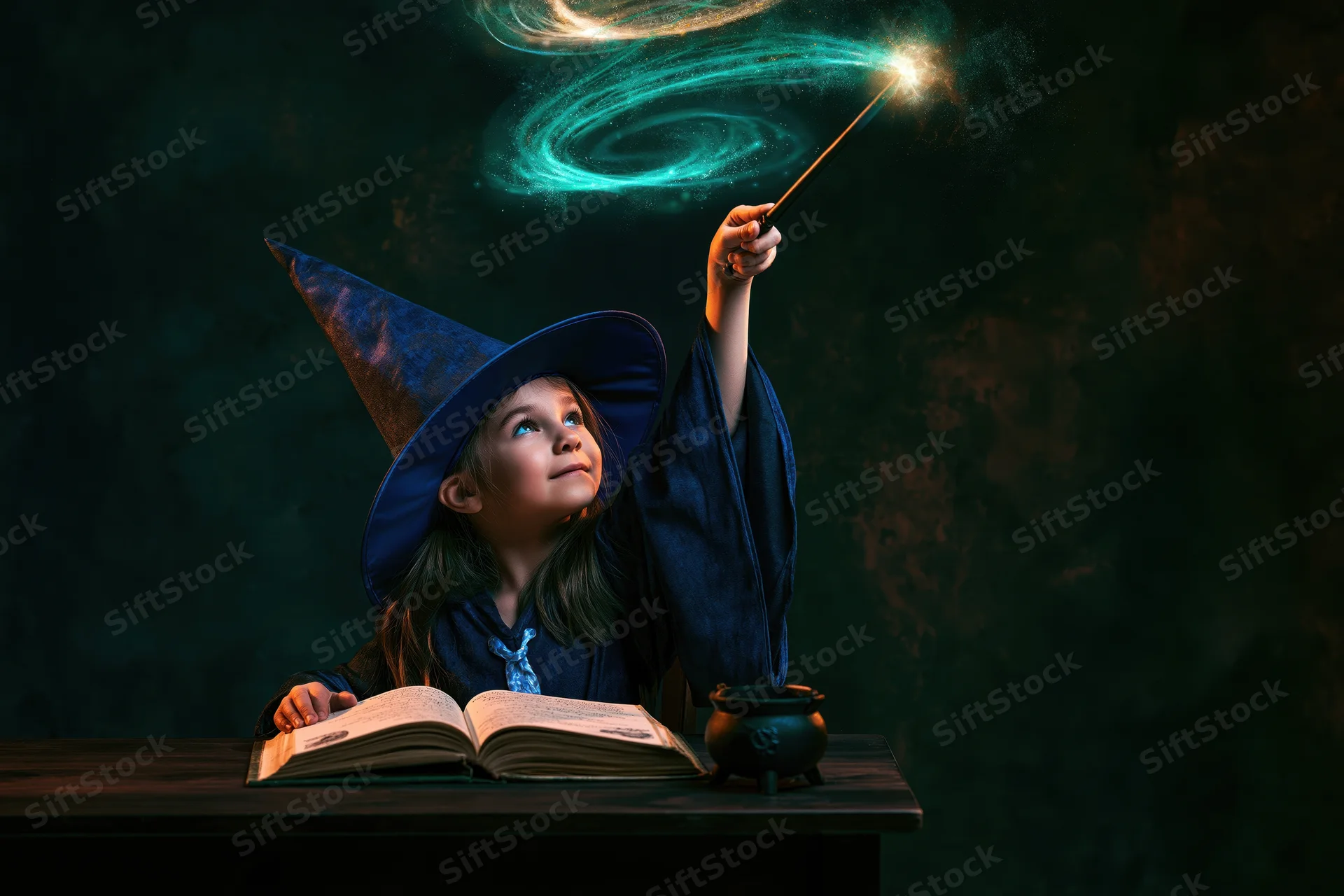 Young girl in witch costume holding wand with glowing spell above open book on table