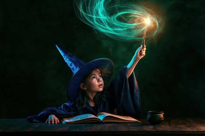 Young girl in witch costume casting spell with glowing wand over open book on wooden table