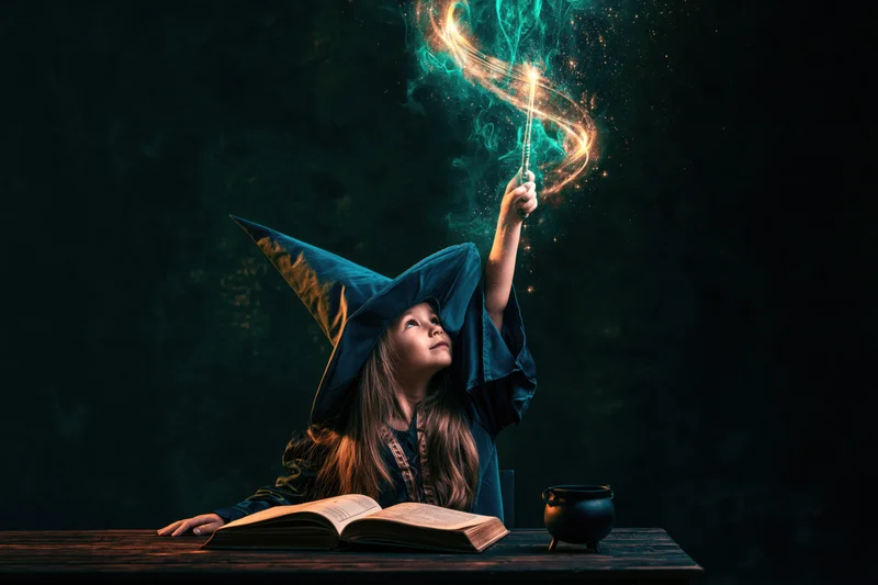 Young girl in witch costume holding wand with glowing magic above open book on wooden table