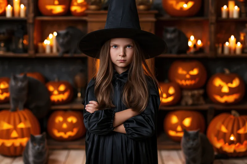 Young girl in black witch costume with arms crossed standing in front of shelves filled with glowing jack-o-lanterns and black cats