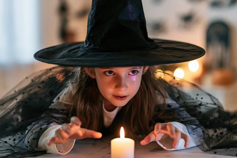 Young girl in witch costume leaning over candle on table indoors