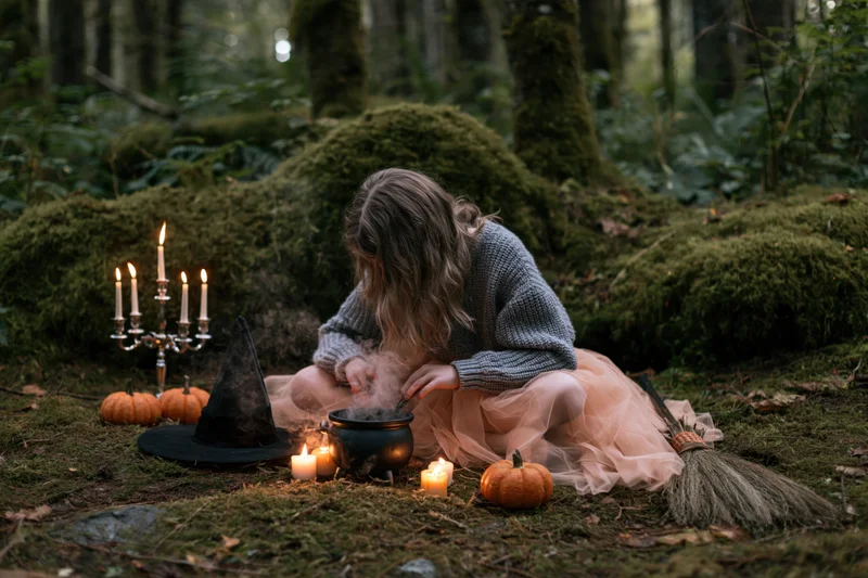 Young girl in witch costume stirring a cauldron in a mossy forest at twilight