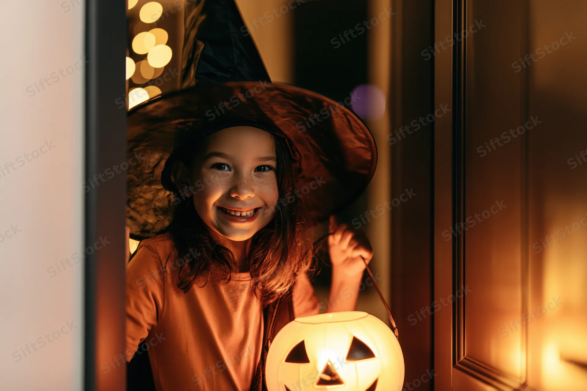 Young girl in witch costume peeking from doorway holding glowing jack-o-lantern lantern