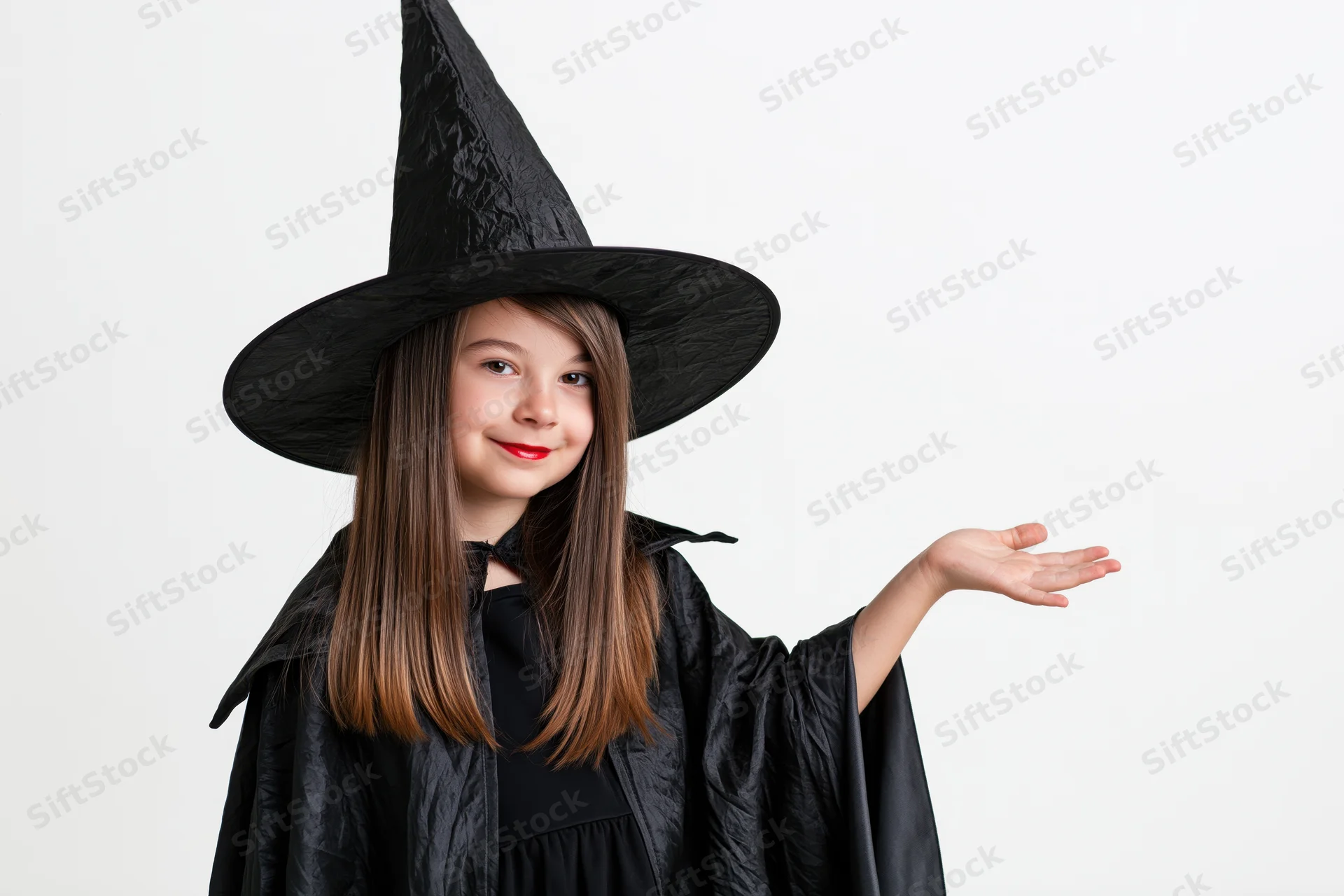 Young girl in black witch costume smiling and gesturing with hand on white background