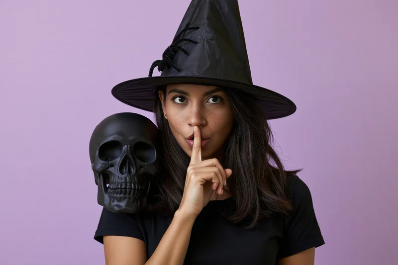 Young mixed-race woman in witch costume holding skull and making quiet gesture against purple background