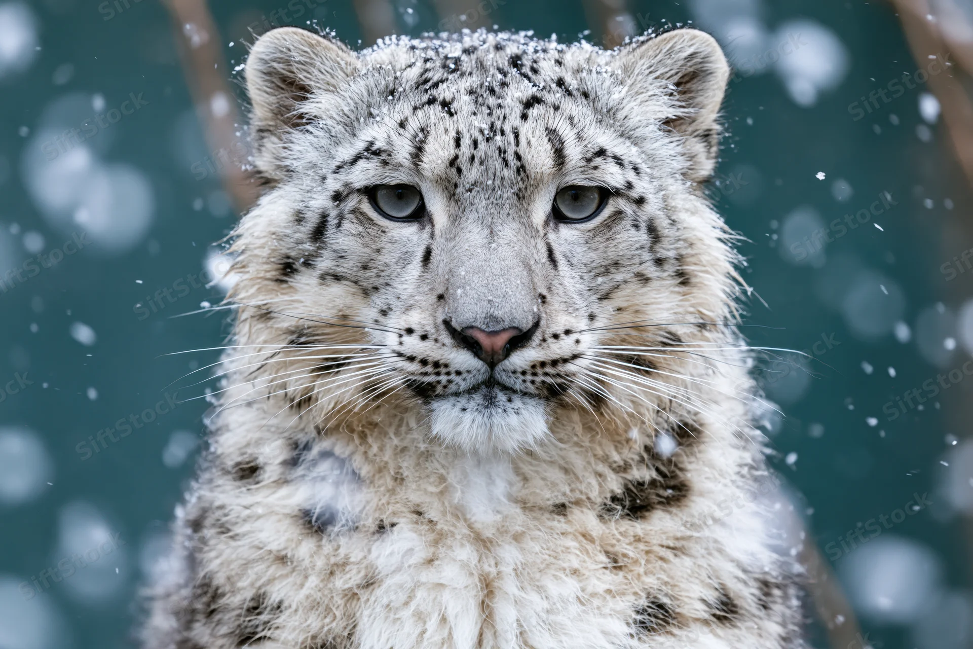 Snow leopard facing camera with calm direct gaze in snowy environment