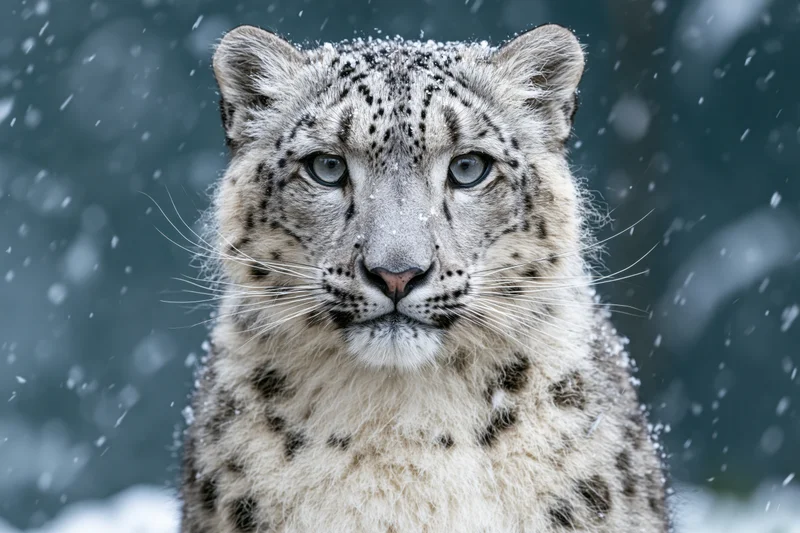 Snow leopard facing camera with calm direct gaze in snowy mountain environment