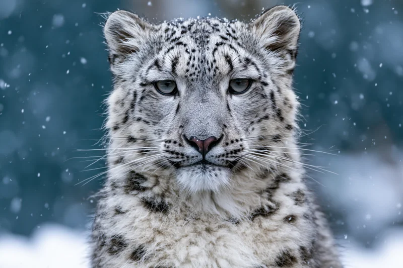 Snow leopard facing camera with calm direct gaze in snowy mountain environment