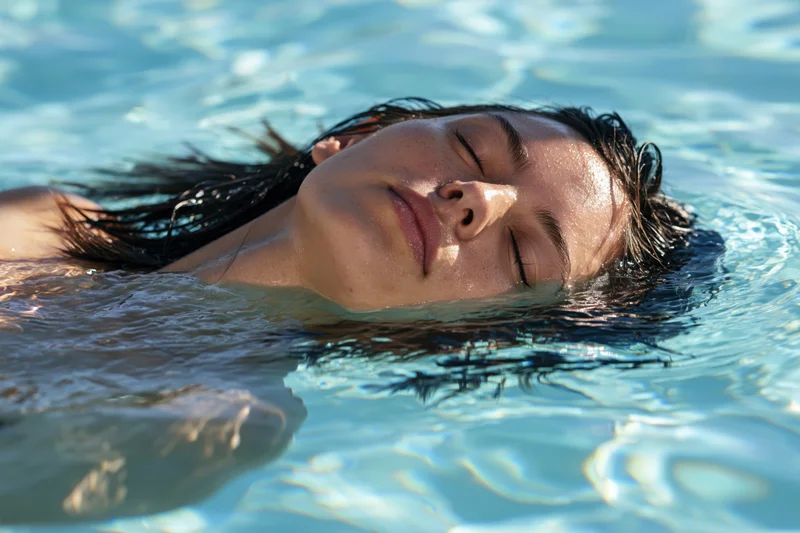 Woman floating on her back in calm pool water with eyes closed