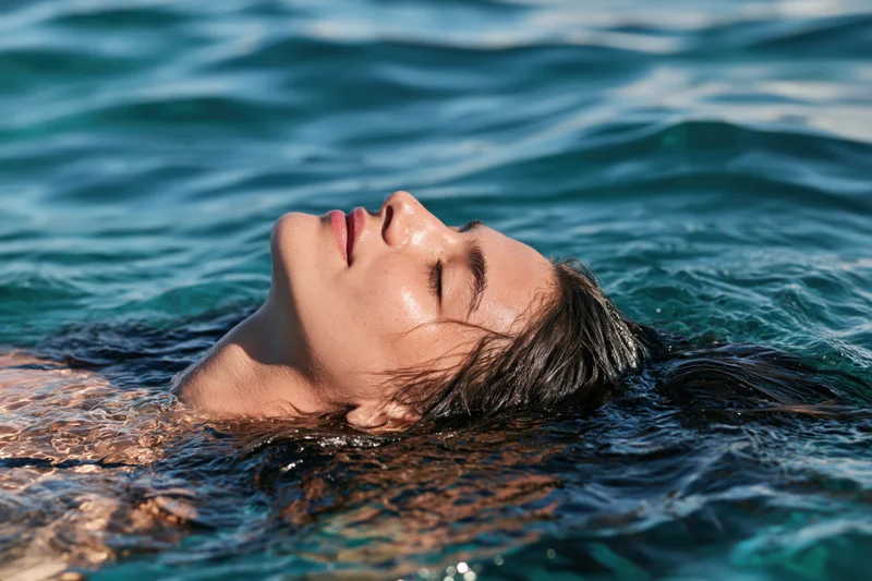 Woman floating on her back in open water with eyes closed