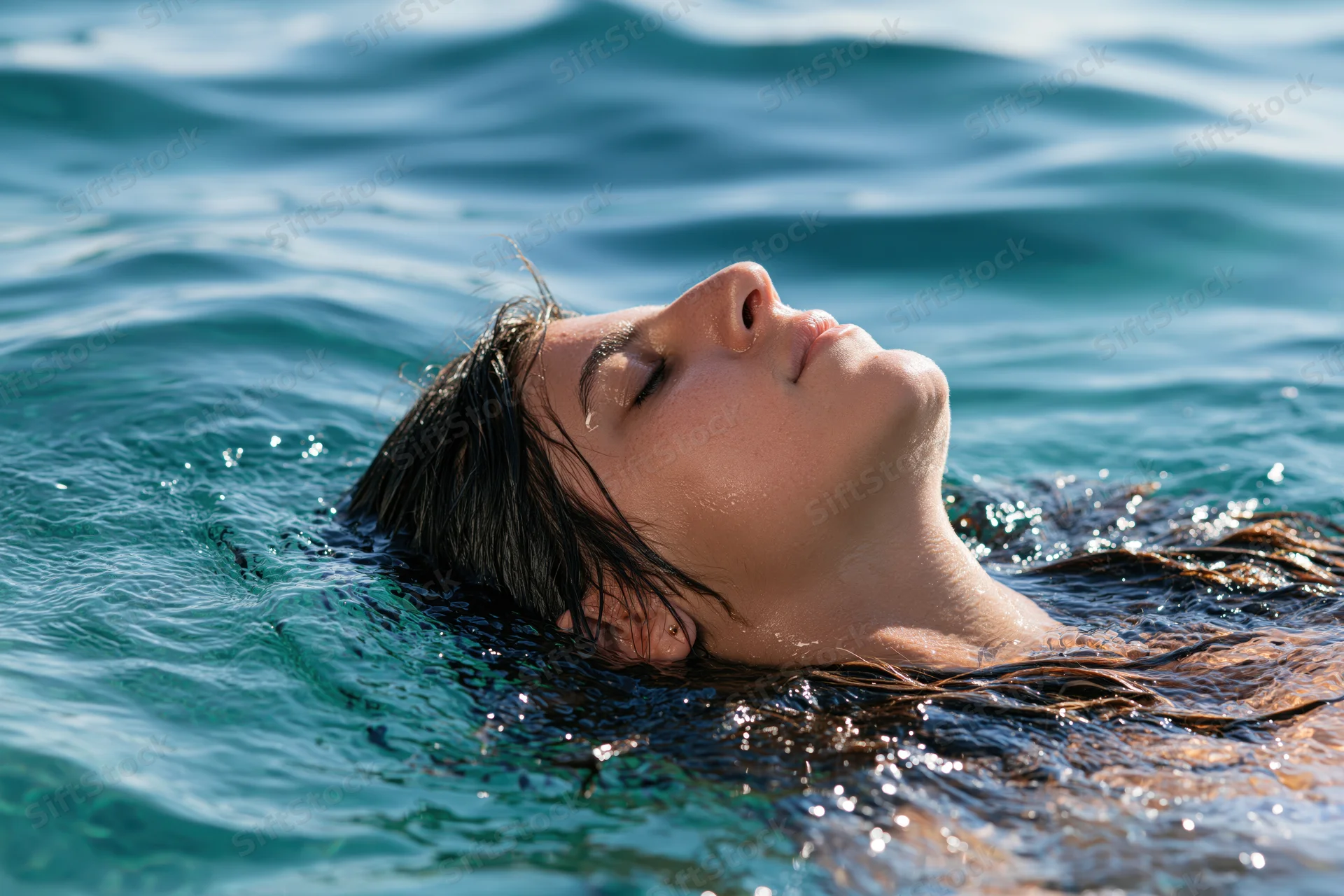 Woman floating on her back in open water with eyes closed